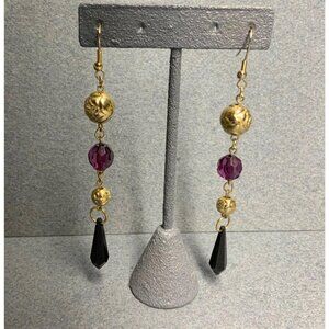 Long Dangle Pierced Earrings 3.5 In Gold Floral Ball Purple Black Bead Vintage